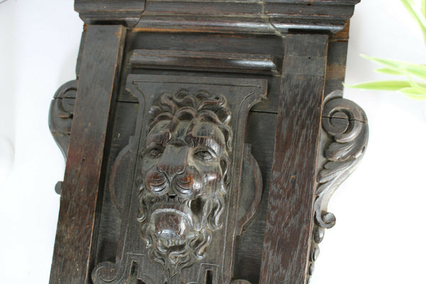 Antique black forest wood carved wall panel plaque lion head chapel rare