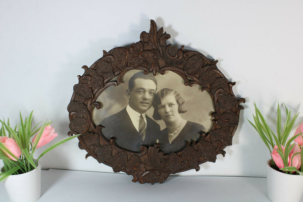 Antique Black forest wood carved photo picture frame signed artist