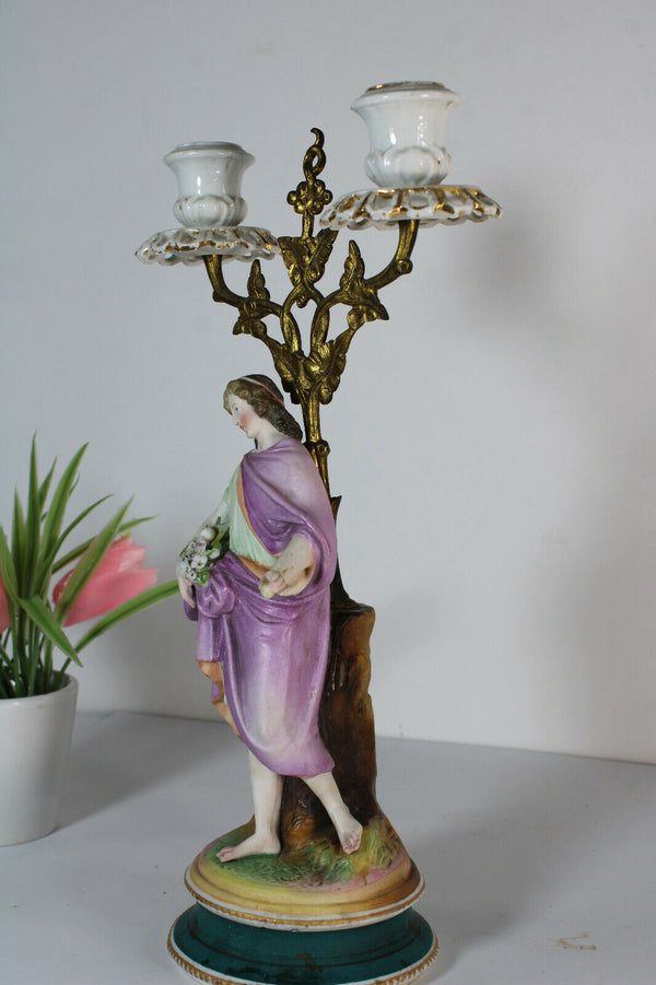 Antique French Vieux paris pastel Bisque porcelain Candle holder lady figurine