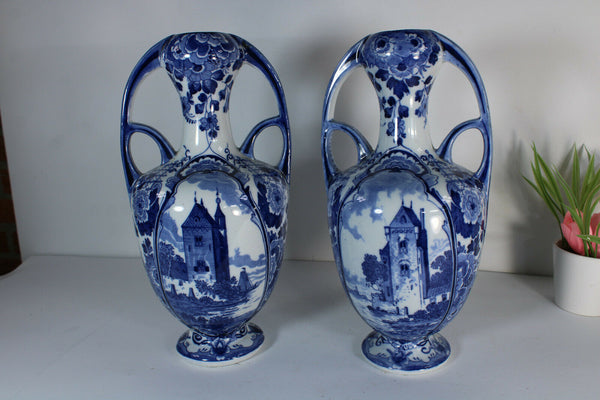 Vintage pair delft pottery blue white Vases marked