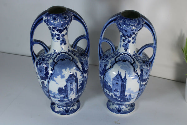 Vintage pair delft pottery blue white Vases marked