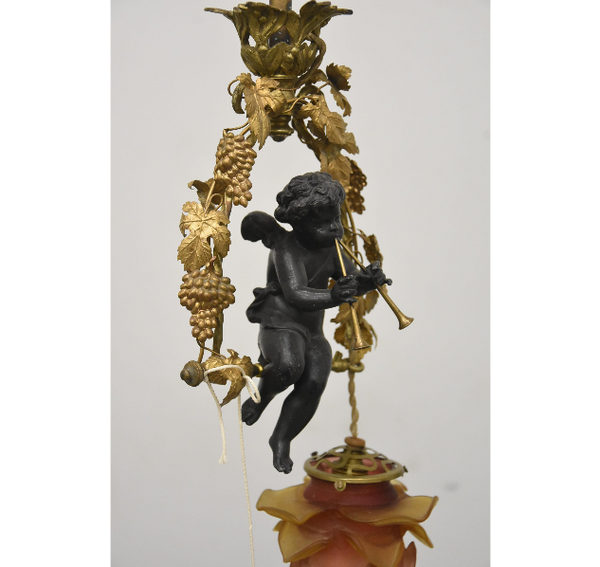 Antique french bronze putti cherub musician pendant lamp chandelier rare