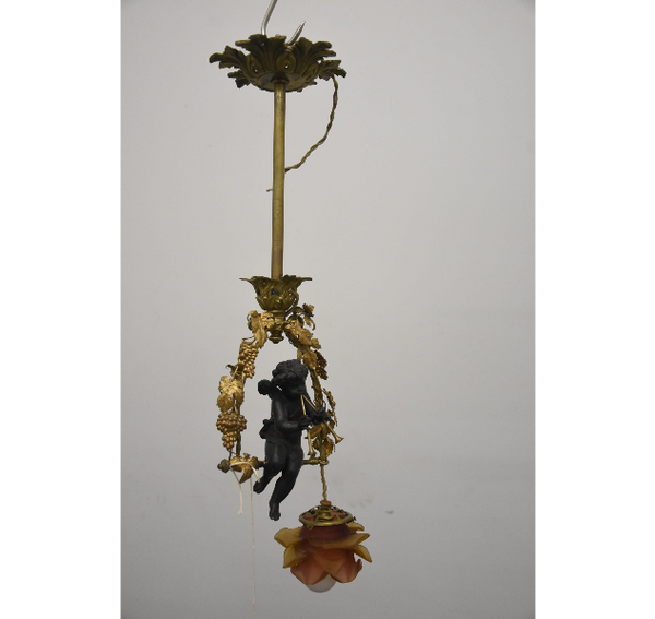 Antique french bronze putti cherub musician pendant lamp chandelier rare