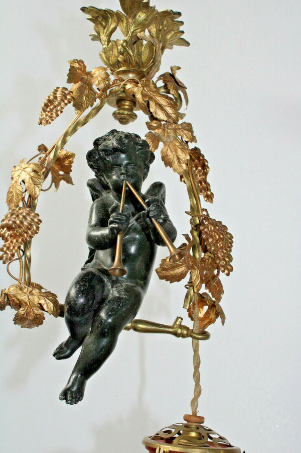 Antique french bronze putti cherub musician pendant lamp chandelier rare