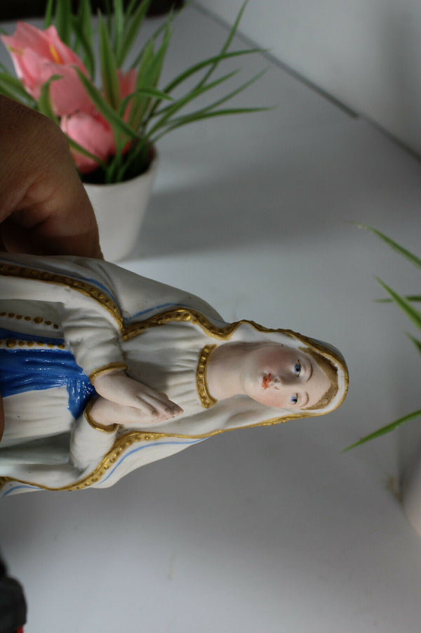 Antique french signed lourdes madonna bisque porcelain statue figurine religious