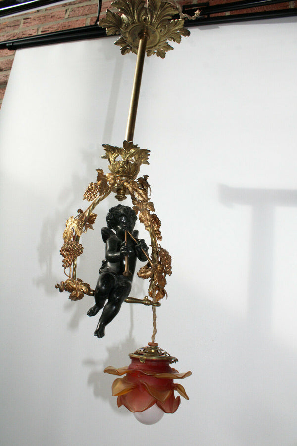 Antique french bronze putti cherub musician pendant lamp chandelier rare