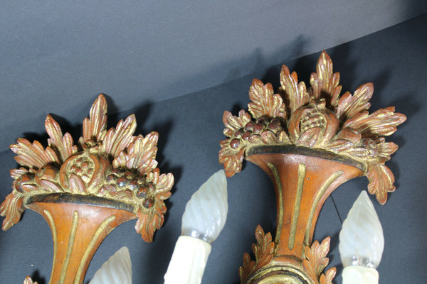PAIR antique italian wood carved cherub angel wall lights sconces rare 1950