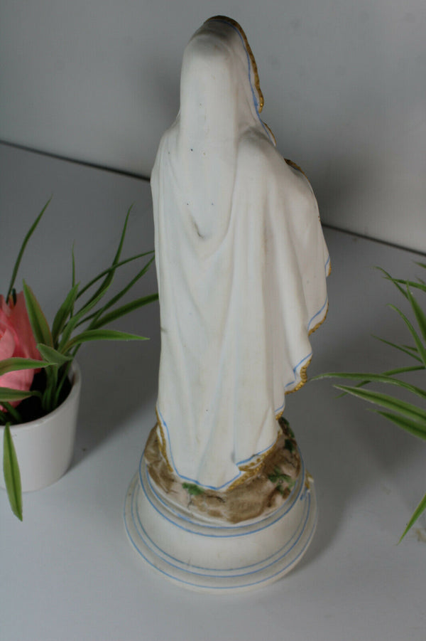 Antique french signed lourdes madonna bisque porcelain statue figurine religious
