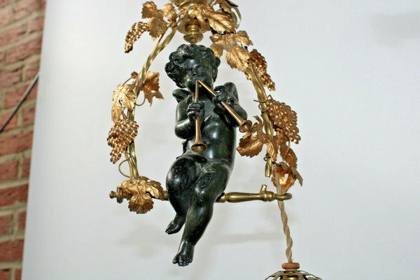 Antique french bronze putti cherub musician pendant lamp chandelier rare