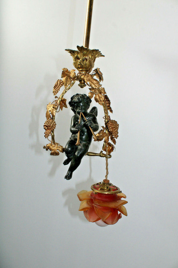 Antique french bronze putti cherub musician pendant lamp chandelier rare