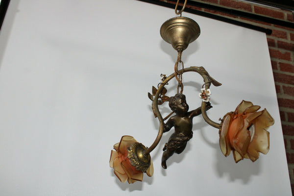 Antique french bronze putti cherub pendant lamp chandelier porcelain flowers