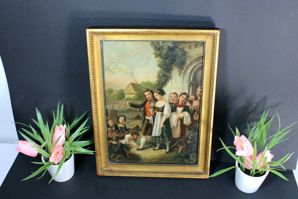 Antique oil canvas painting wedding folkloric church scene rare