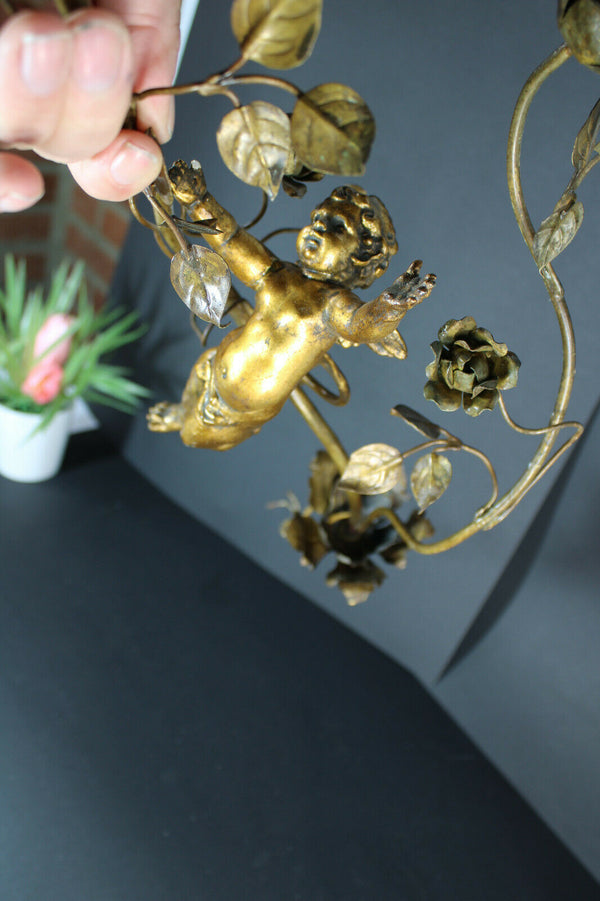 Antique French Zamac metal pendant lamp chandelier putti cherub angel lamp