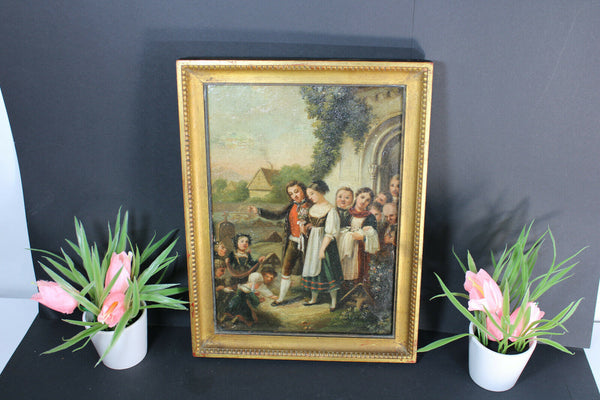 Antique oil canvas painting wedding folkloric church scene rare