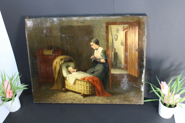 Antique 19th oil canvas mother baby painting signed french rare