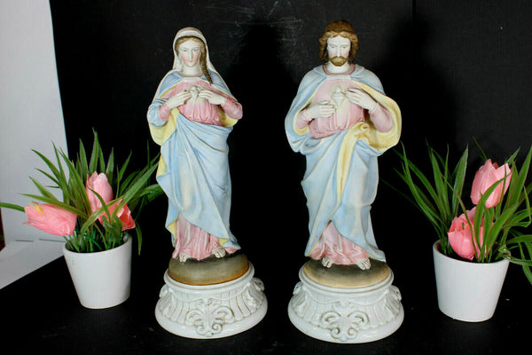 PAIR antique vieux andenne porcelain bisque mary christ sacred heart statue