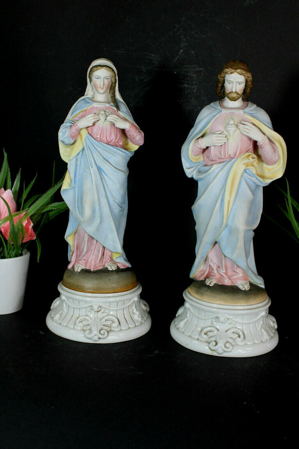 PAIR antique vieux andenne porcelain bisque mary christ sacred heart statue