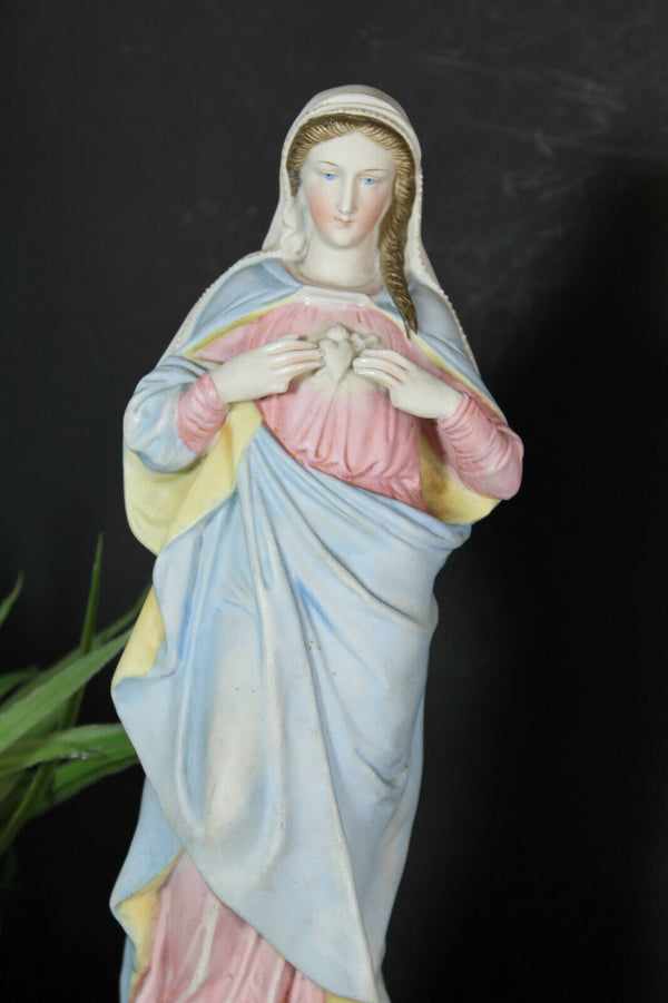 PAIR antique vieux andenne porcelain bisque mary christ sacred heart statue