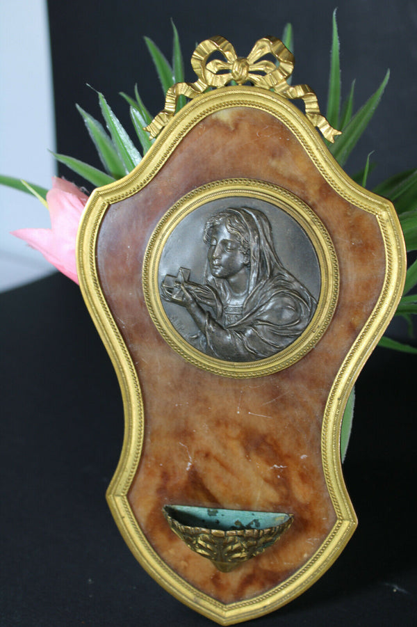 Antique French onyx brass holy water font medaillon madonna