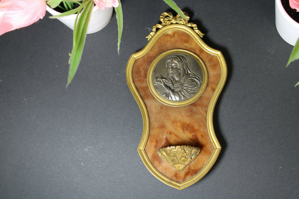 Antique French onyx brass holy water font medaillon madonna