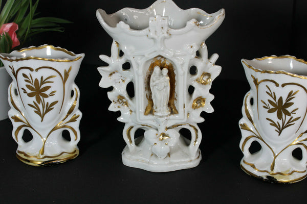 Antique french religious vieux paris porcelain chapel vase set madonna figurine