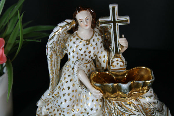 Antique top French vieux paris porcelain holy water font archangel figurine