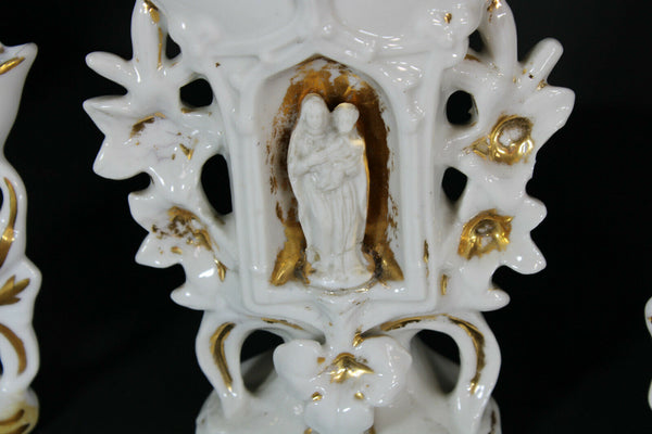 Antique french religious vieux paris porcelain chapel vase set madonna figurine