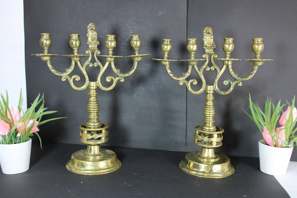 PAIR antique bronze amsterdam lion Candelabras candle holders