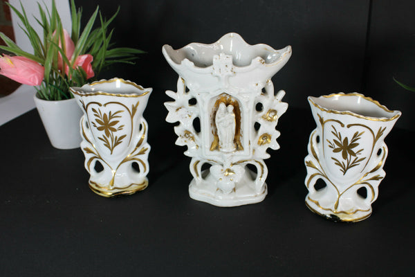 Antique french religious vieux paris porcelain chapel vase set madonna figurine