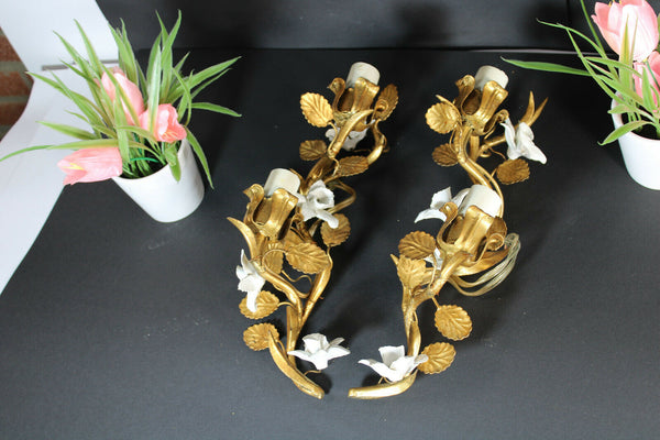 PAIR italian metal gold gilt porcelain faience roses flowers sconces wall lights