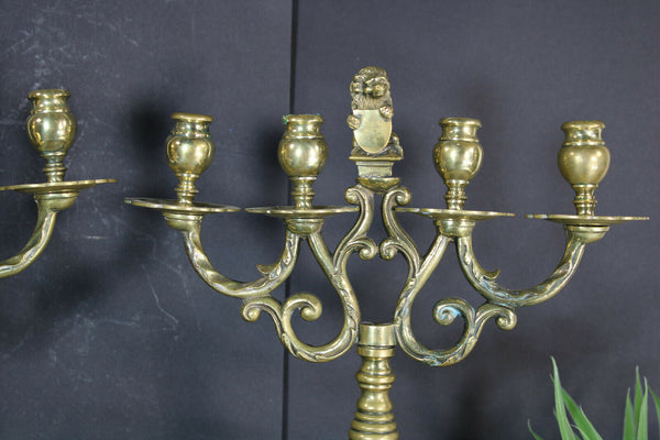 PAIR antique bronze amsterdam lion Candelabras candle holders