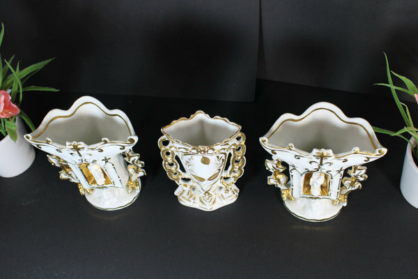 SEt Antique french religious vieux paris porcelain vases chapen madonna joseph