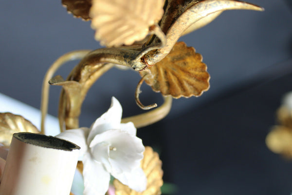 PAIR italian metal gold gilt porcelain faience roses flowers sconces wall lights