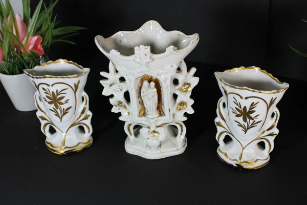 Antique french religious vieux paris porcelain chapel vase set madonna figurine