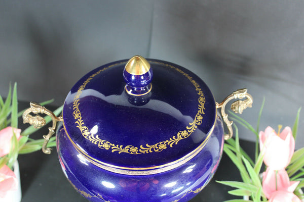 Vintage french cobalt blue porcelain marked Centerpiece bowl vase victorian scen