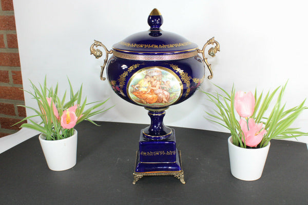 Vintage french cobalt blue porcelain marked Centerpiece bowl vase victorian scen