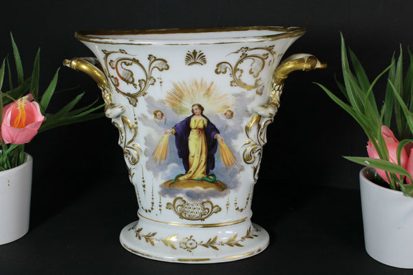 Antique french vieux paris porcelain religious hand paint madonna angels vase