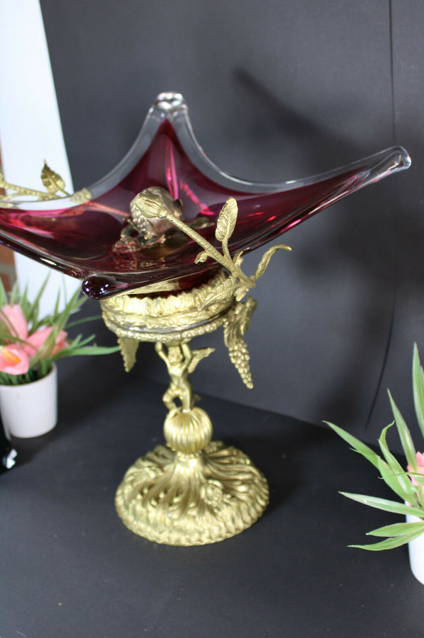 XL Bronze Murano glass Bowl Centerpiece Cherub angel figurine rare
