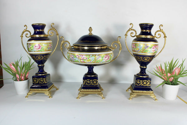 Set 3 French limoges cobalt porcelain floral decor Centerpiece vases mantel