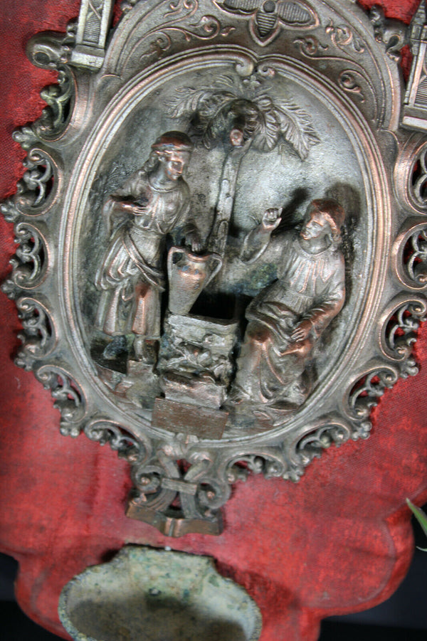 Rare XL antique zamac metal holy water font plaque Velvet christ water fontain