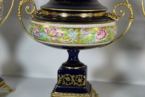 Set 3 French limoges cobalt porcelain floral decor Centerpiece vases mantel