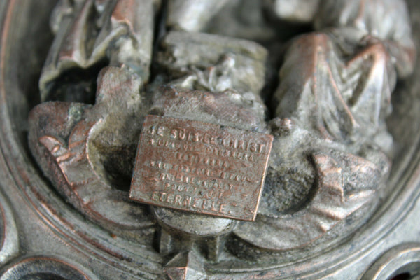 Rare XL antique zamac metal holy water font plaque Velvet christ water fontain
