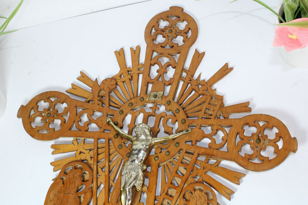 Vintage 1950 French wood cut crucifix archangel figurine sunburst religious