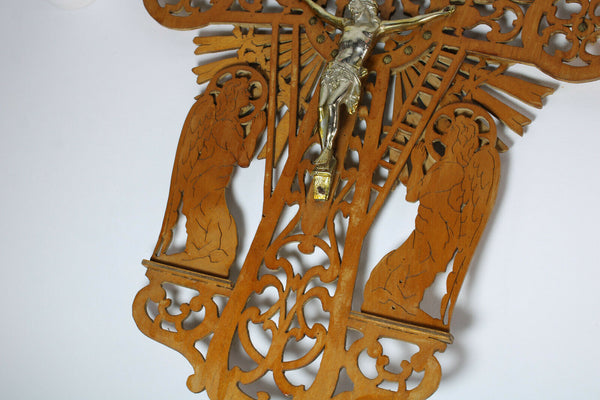 Vintage 1950 French wood cut crucifix archangel figurine sunburst religious