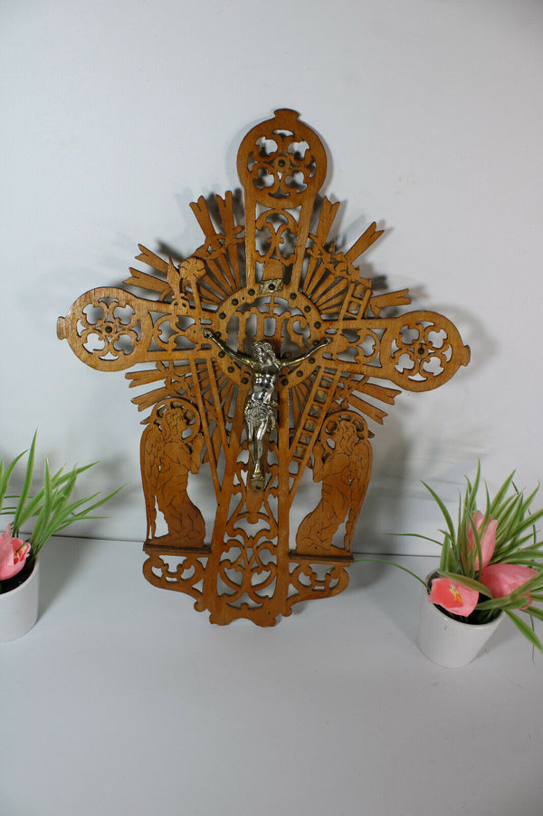 Vintage 1950 French wood cut crucifix archangel figurine sunburst religious