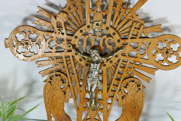 Vintage 1950 French wood cut crucifix archangel figurine sunburst religious