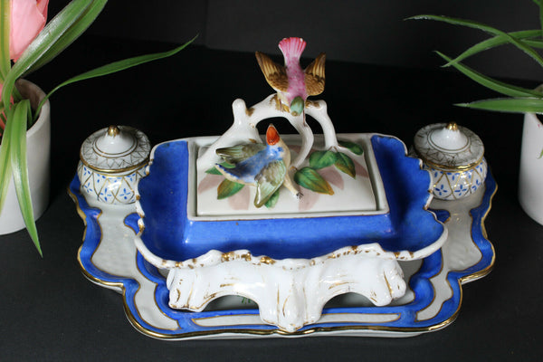 RAre vintage french Limoges porcelain Birds inkwell floral marked