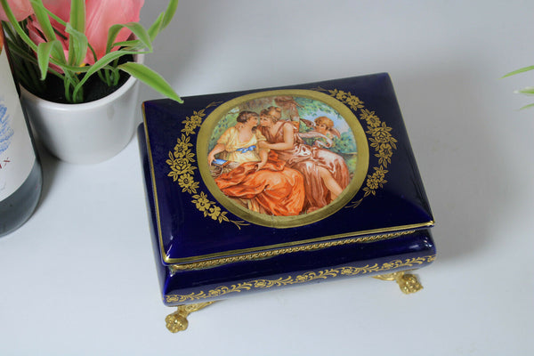 Vintage Cobalt blue porcelain Box trinket jewelry Victorian scene