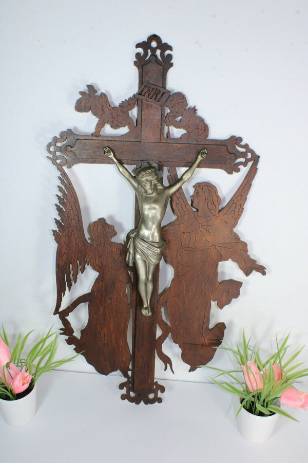 XL vintage  wood cut wall crucifix archangels angels cherub rare