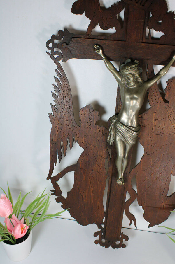 XL vintage  wood cut wall crucifix archangels angels cherub rare